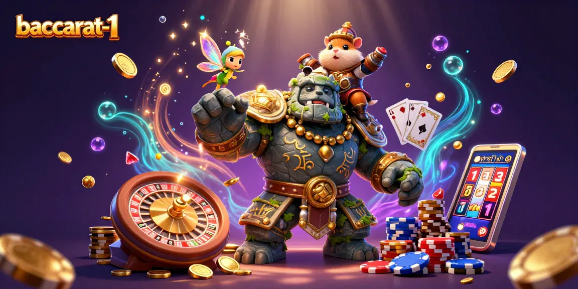 Baccarat-1 offers intense gameplay with gold coins, cards, and a magical scene of casino excitement.
