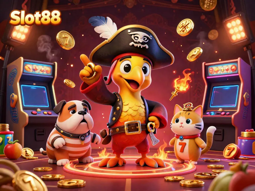 Gambarkan aksi bermain mesin slot Slot88 dengan karakter lucu di kasino yang berkilauan.