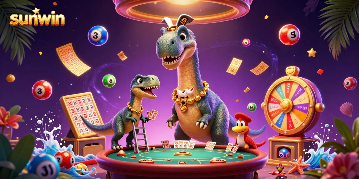 Experience thrilling gameplay at Sunwin with vibrant 3D casino illustrations featuring engaging characters and lottery elements.