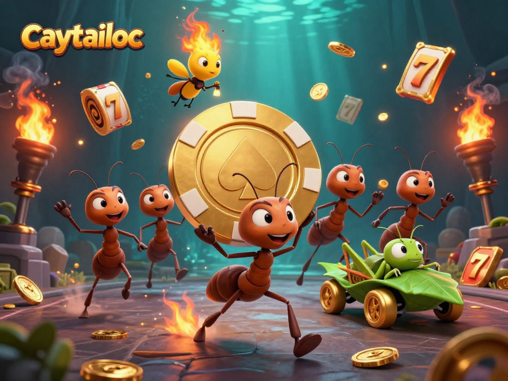 Play the exciting caytailoc slot game featuring ants on a giant poker chip amid vibrant casino elements.