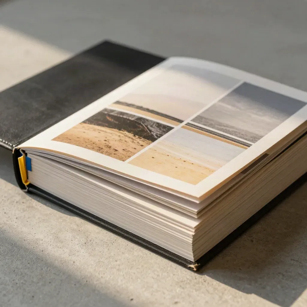 Black binder and reordered portfolio spreads on pale concrete in warm window light