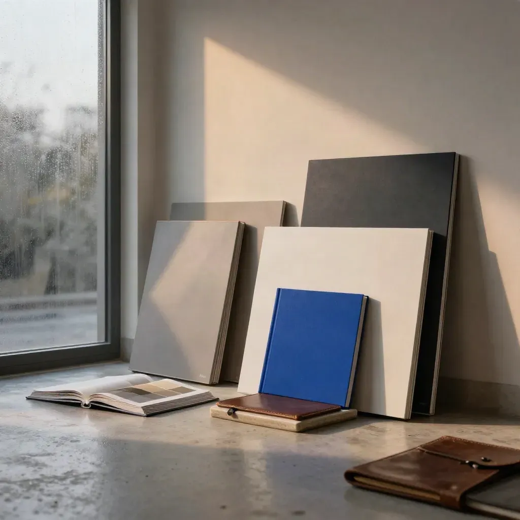 Premium brand strategy studio corner with boards, swatches, leather portfolio, and cobalt deck