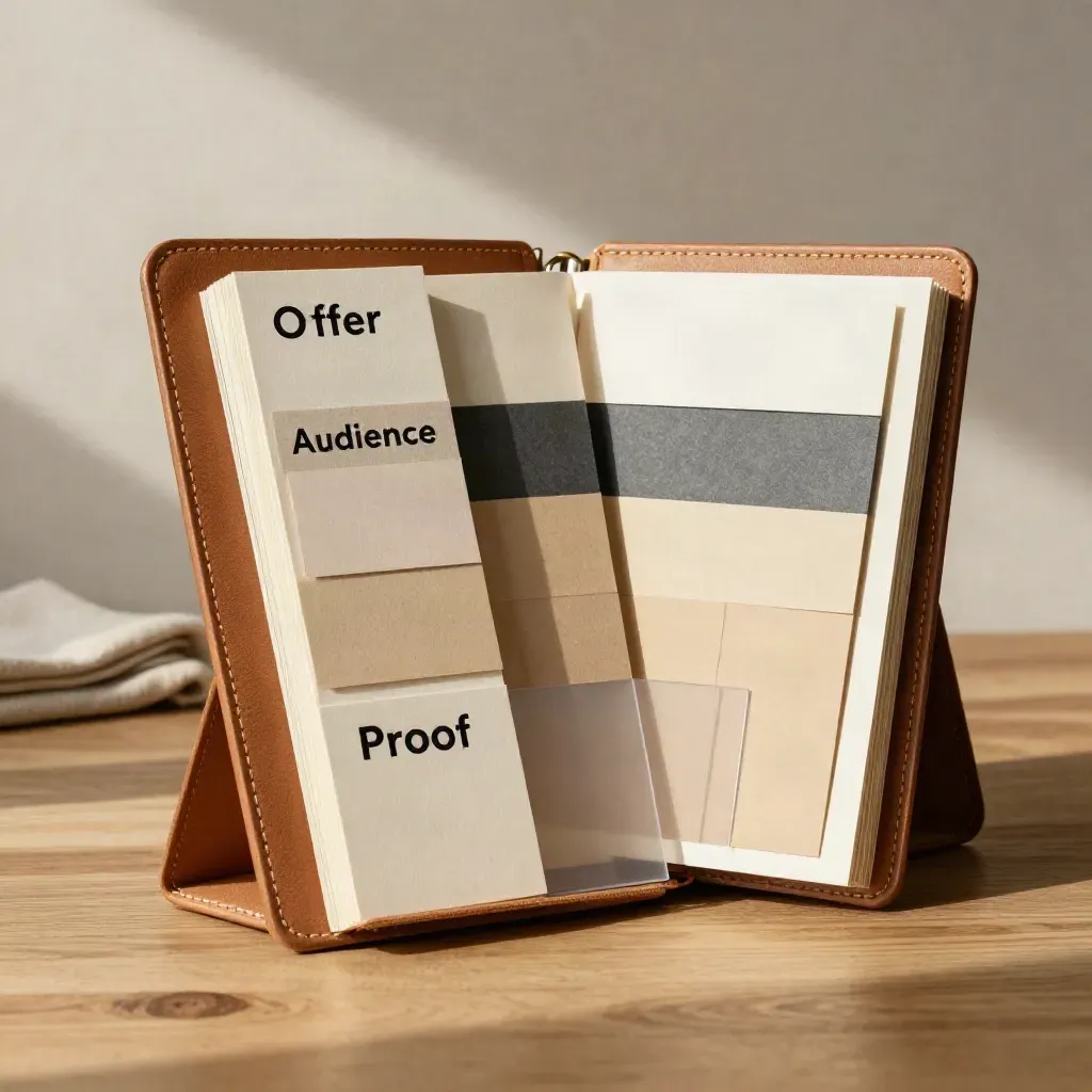 Brand strategy board with swatches and leather case on a pale oak table in warm window light.