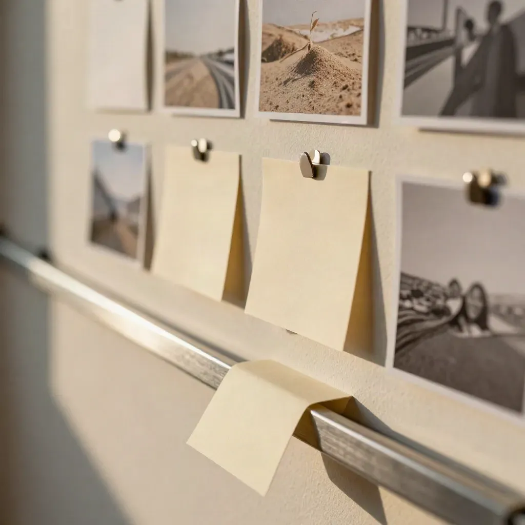 Macro of a weekly content board with sand and cream cards on a pale plaster rail.