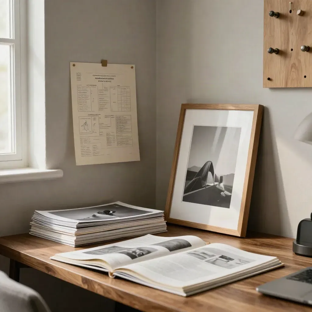 Ivory strategy sheet, portfolio stack, and framed print in a warm designer studio corner.