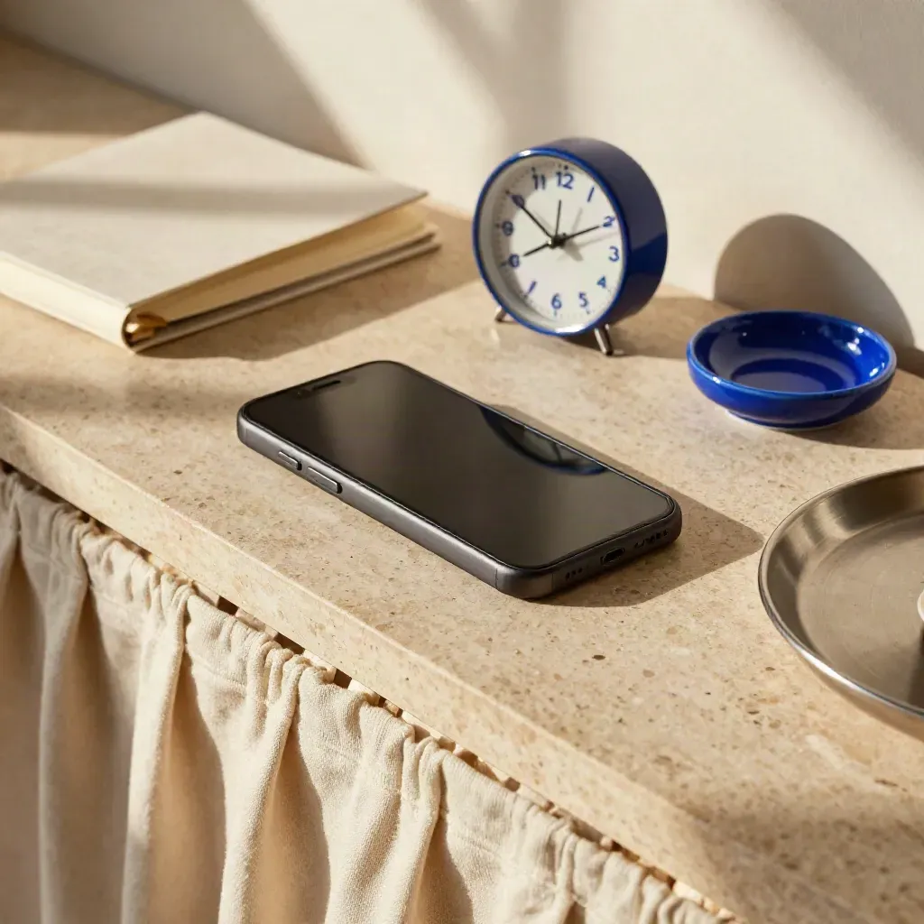 Stone sideboard with silent phone, closed notebook, cobalt dish and small analog clock.