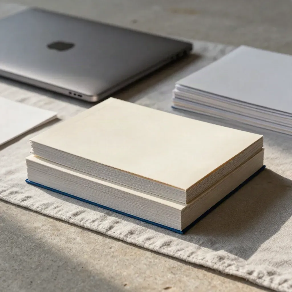Three launch-story booklets beside a closed black laptop on pale stone.