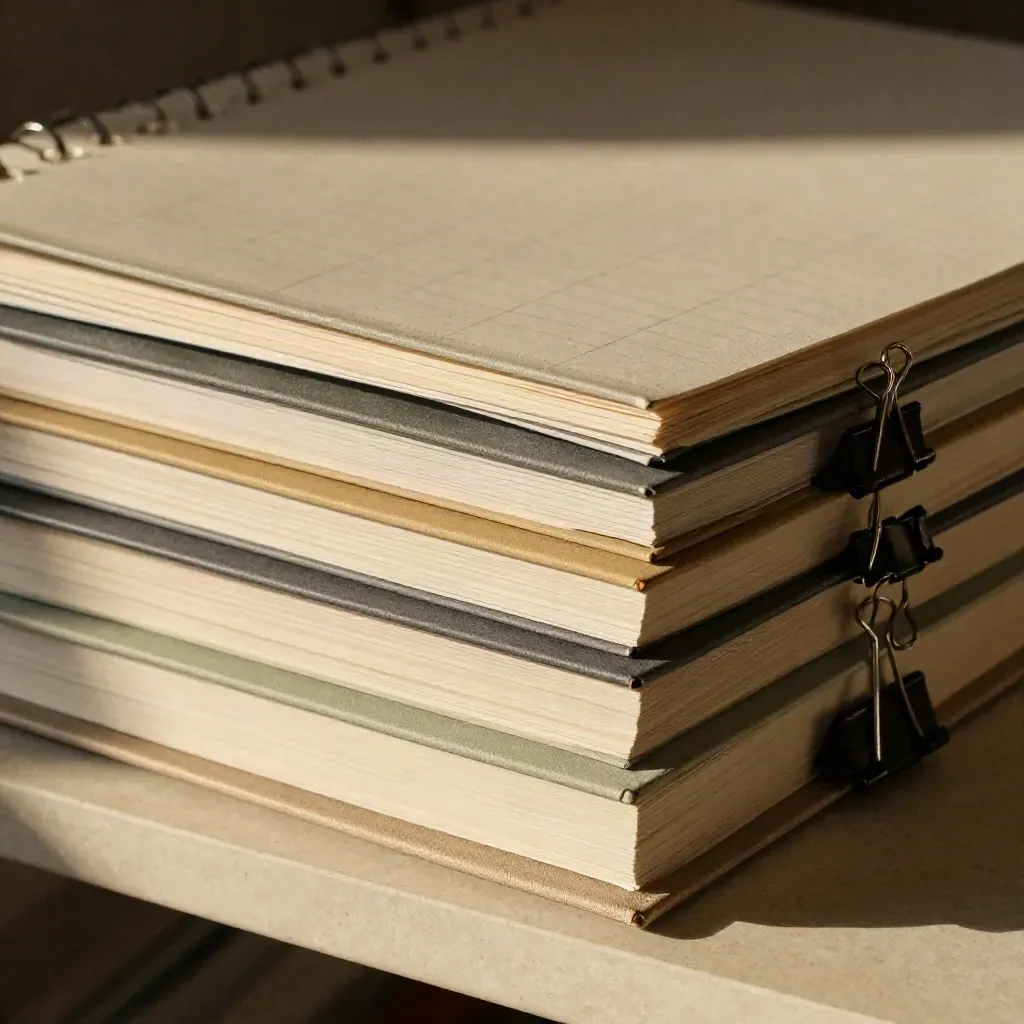 Close-up of a tabbed content binder with clipped paper edges on a neutral shelf.