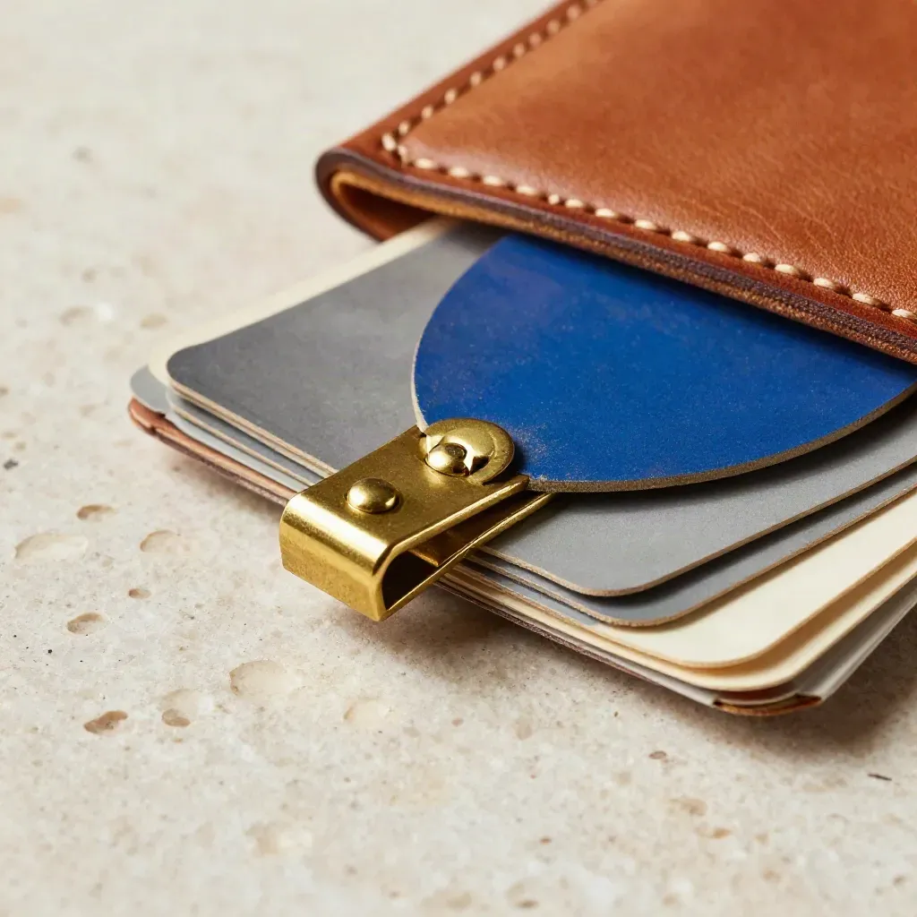 Macro of a brass clip, color swatch fan, and leather portfolio corner on pale stone.