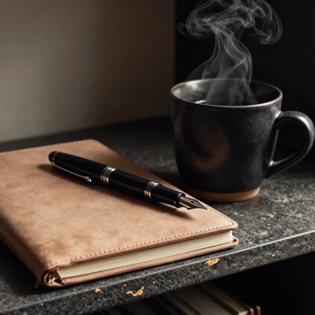 Fountain pen, closed notebook, and steaming black cup on a dark plaster shelf.