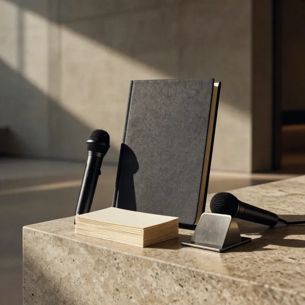 Matte microphone and speaker kit folio on a stone plinth in moody light