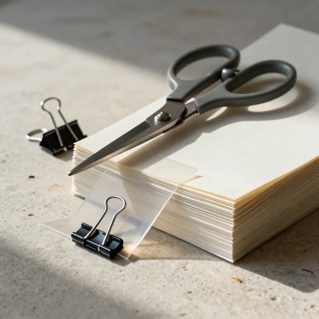 Scissors, binder clips, acetate sleeves and paper stack on pale stone in soft editorial light.