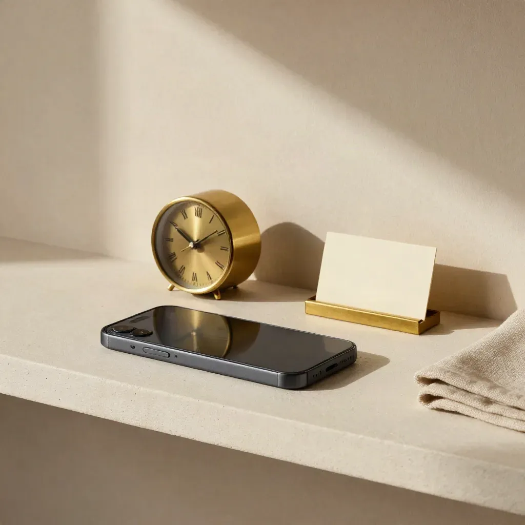 Brass clock, phone, and card holder on a pale plaster shelf in soft daylight.