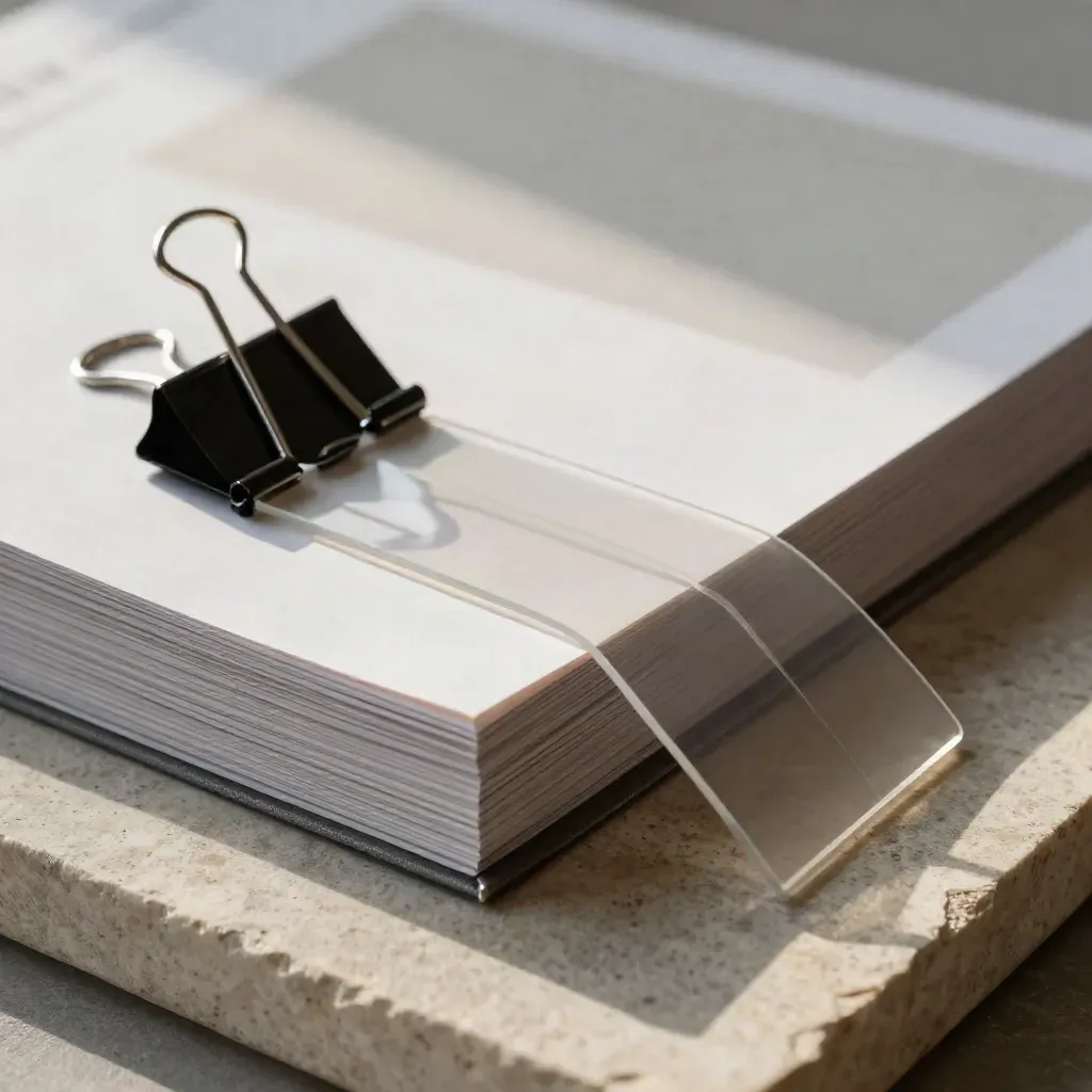 Overhead still life of portfolio proofs, acetate overlays, and binder clip on pale stone