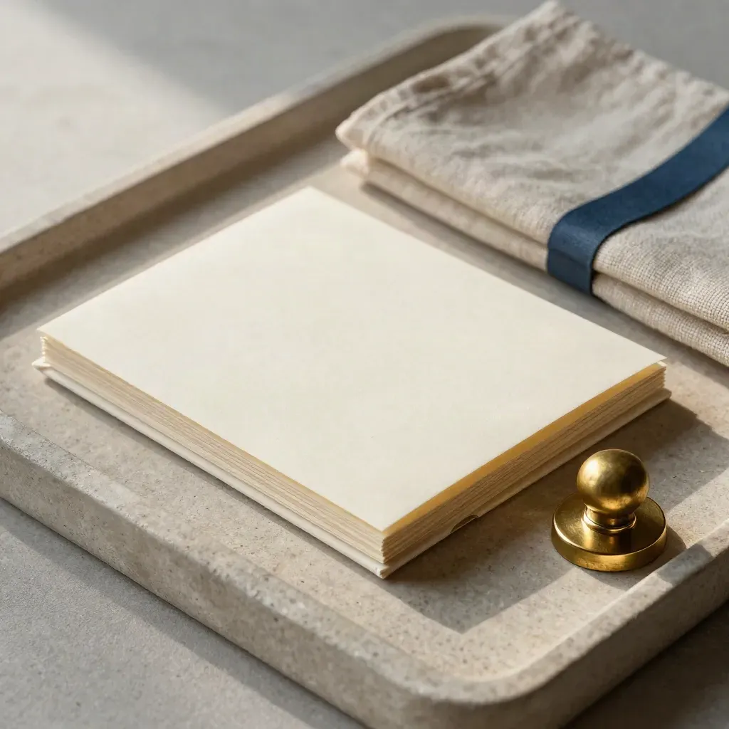 Sealed folio sleeve, clipped packet, brass seal and linen cloth on a pale stone tray