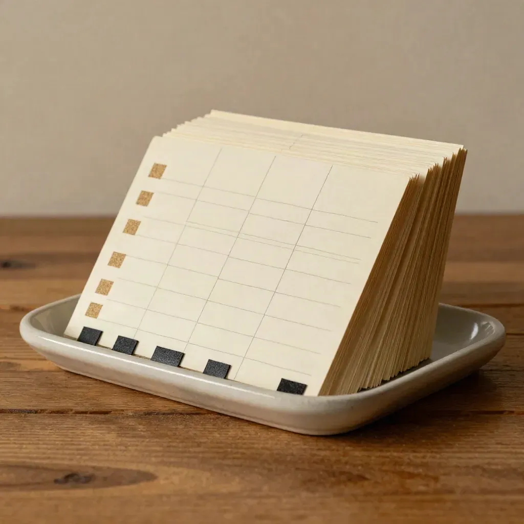 Blank index cards, colored tabs, and a ceramic tray on warm wood in soft side light.