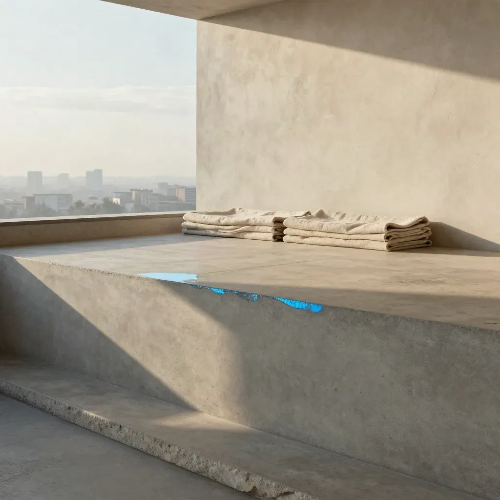 Sunlit concrete backdrop with hazy skyline forms and calm copy space.