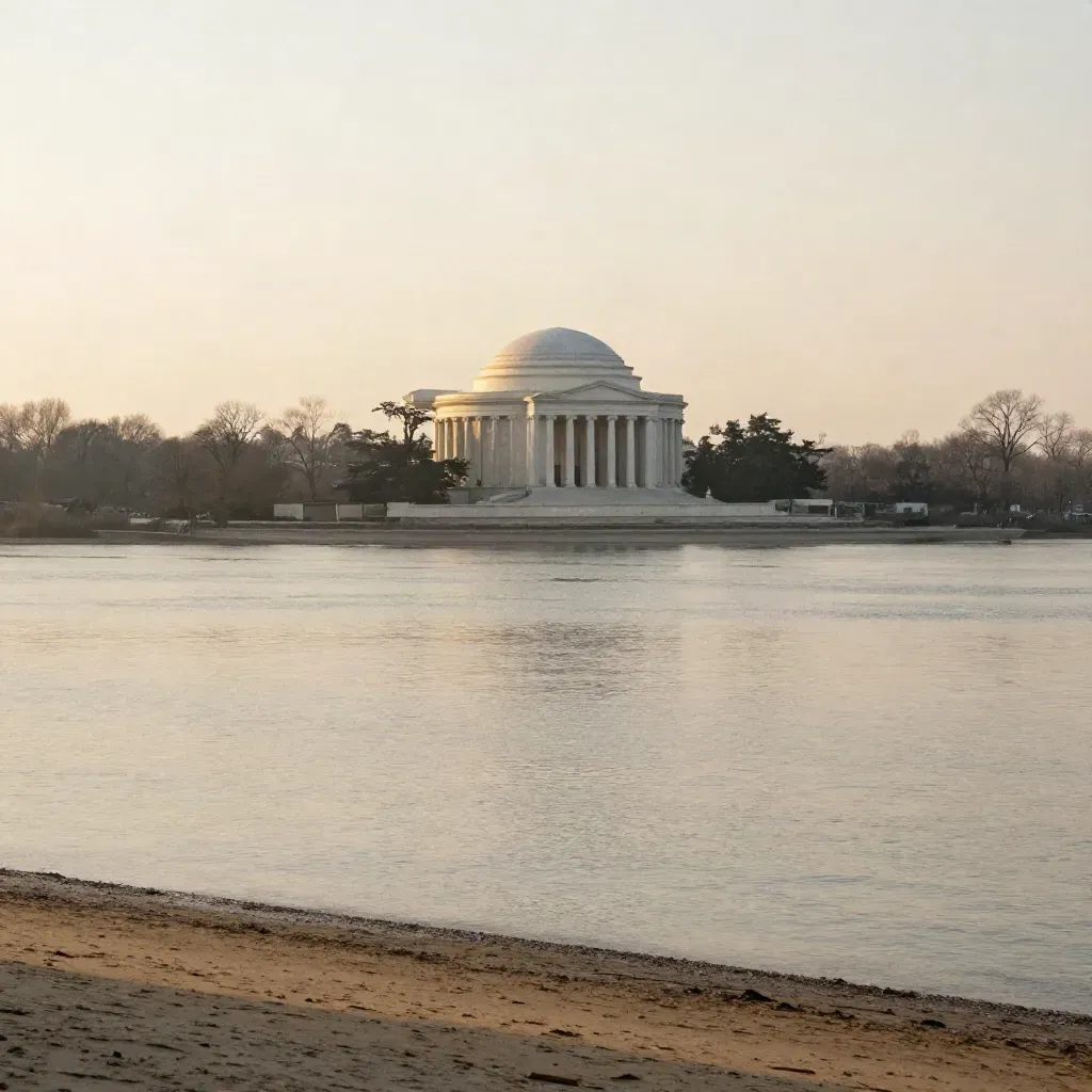 Jefferson Memorial above the Potomac at dawn, with haze, trees, and open water below.