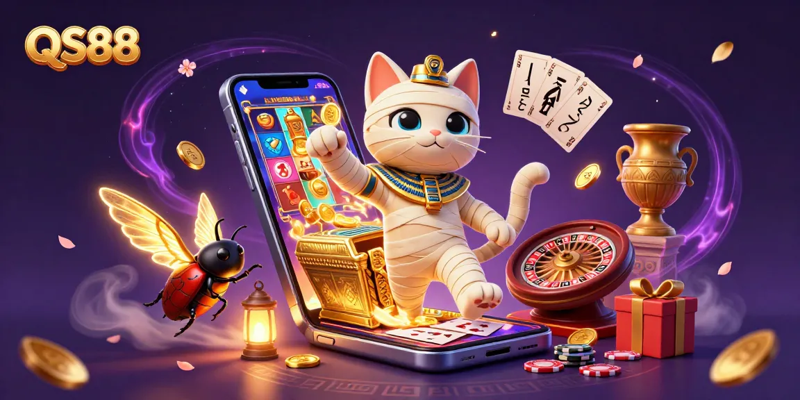 Experience thrilling gaming moments at QS88 with a vivid illustration showcasing casino excitement and dynamic characters.