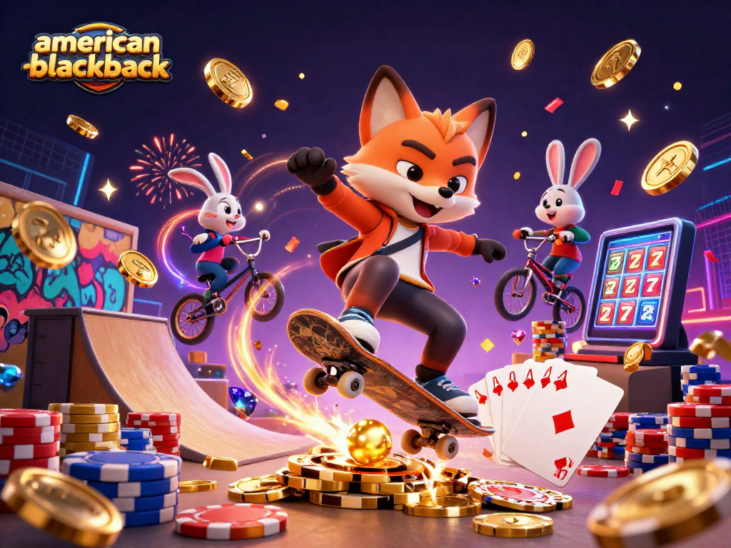 Explore strategies in american-blackjack, illustrated by a skateboarder fox and BMX rabbit in a vibrant casino scene.