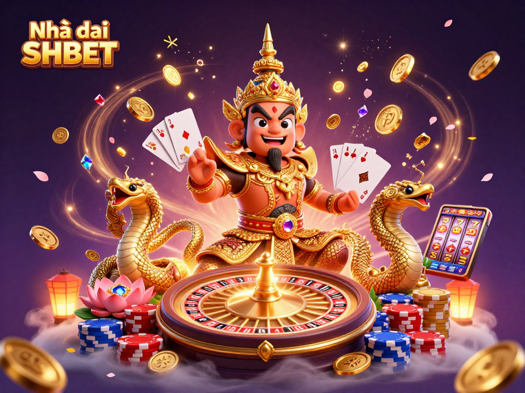 Experience excitement at Nhà cái SHBET with a vibrant casino scene featuring guardians, gold coins, and game elements.