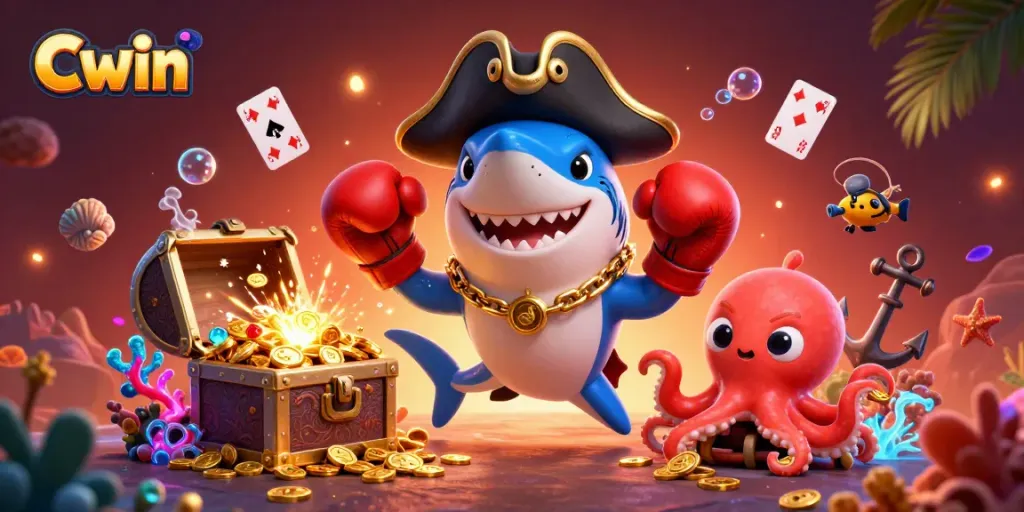 Cwin pirates celebrate with a treasure explosion in this animated 3D casino scene.