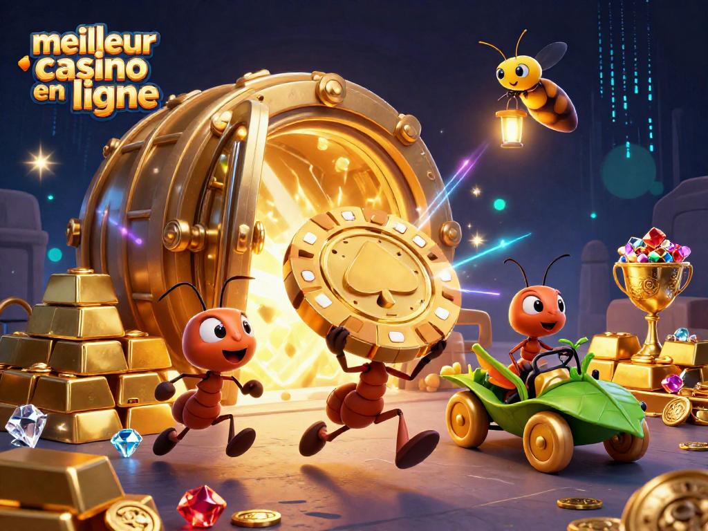 Jouez au meilleur casino en ligne avec cette illustration dynamique de fourmis s'échappant avec un jeton de poker doré.