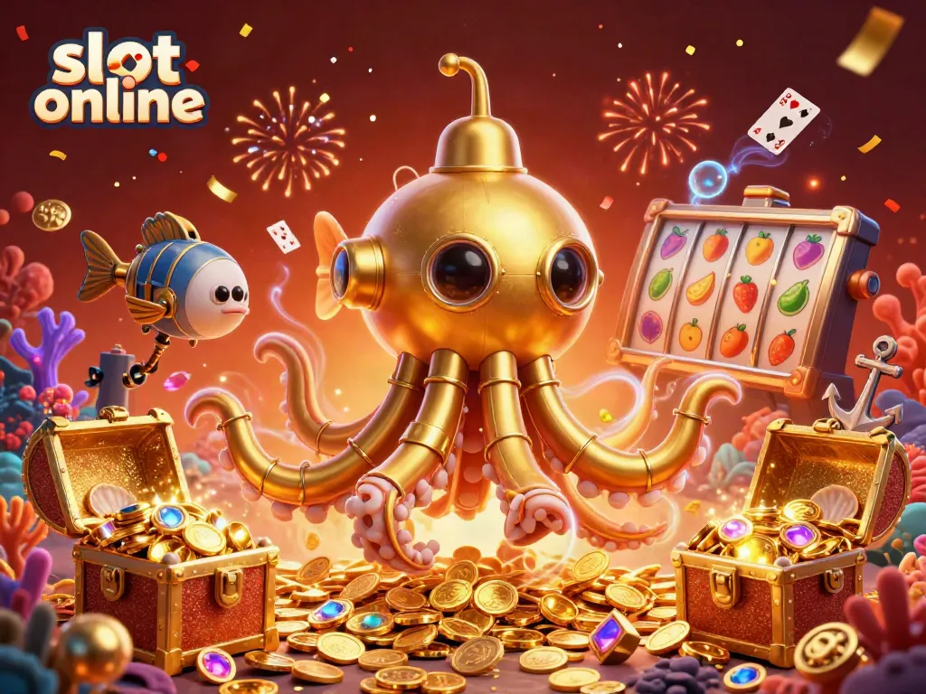 Experience the excitement of the slot online world with a vibrant underwater casino scene featuring a golden kraken and treasure!