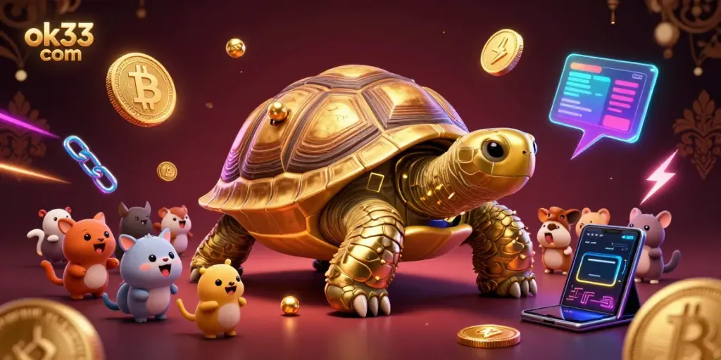 Engage with the vibrant world of ok33 com featuring a colossal tortoise pinball machine amidst energetic gameplay.