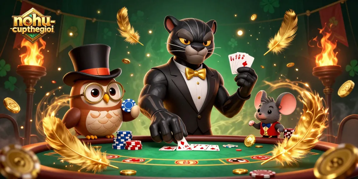 Nohu-cupthegioi showcases a stylish panther dealing poker cards amid lavish casino elements.