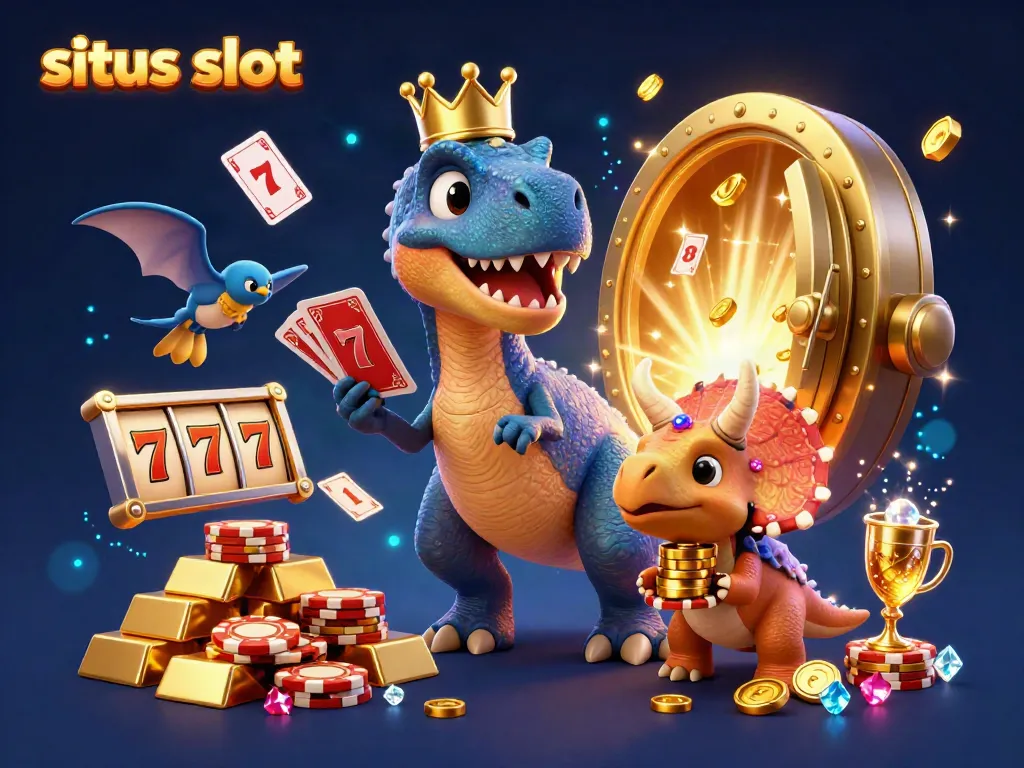 Experience the excitement of situs slot with a whimsical T-Rex card game scene filled with vibrant gold and gems.