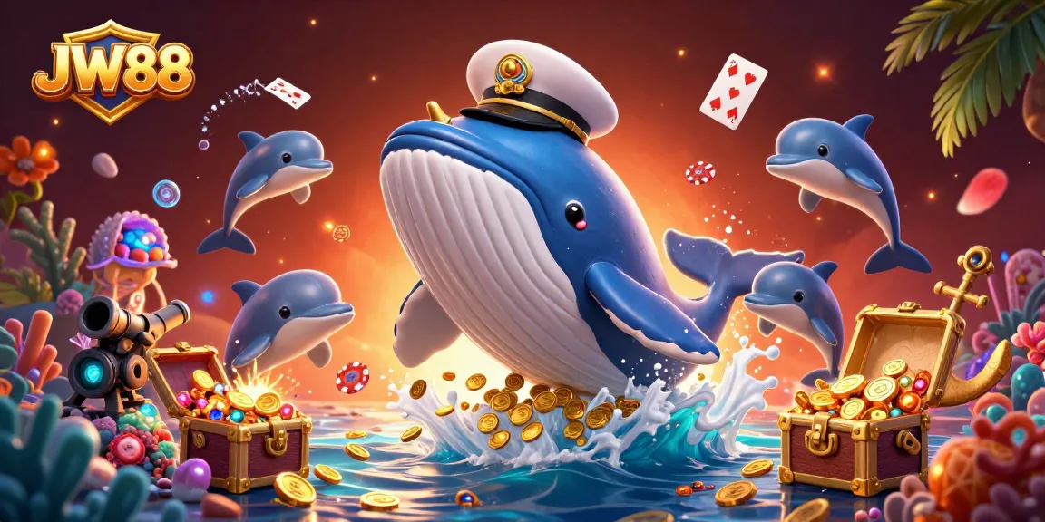 Immerse in JW88 gaming, where a majestic whale, narwhal, and dolphins bring the thrill of the underwater casino.