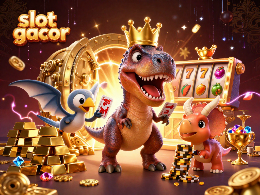 Engage with slot gacor as a T-Rex shuffles cards, aided by a pterodactyl, amidst treasures and slot reels.