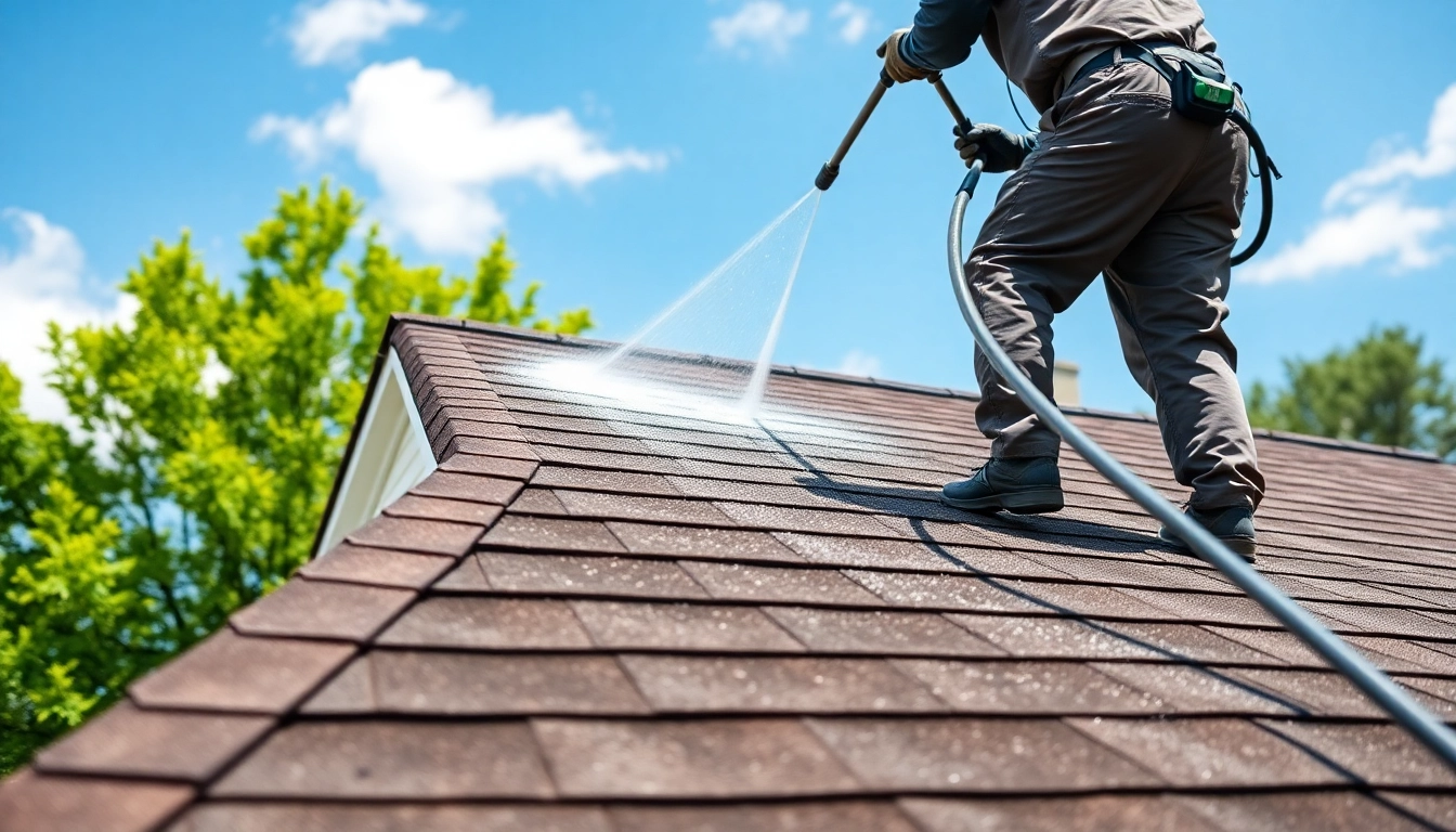 Roof Cleaning service showcasing a technician cleaning a roof with professionalism and care.
