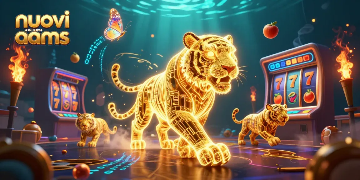 Gioca nei nuovi casino aams con una tigre dorata e simboli di slot in un mondo digitale vivace.