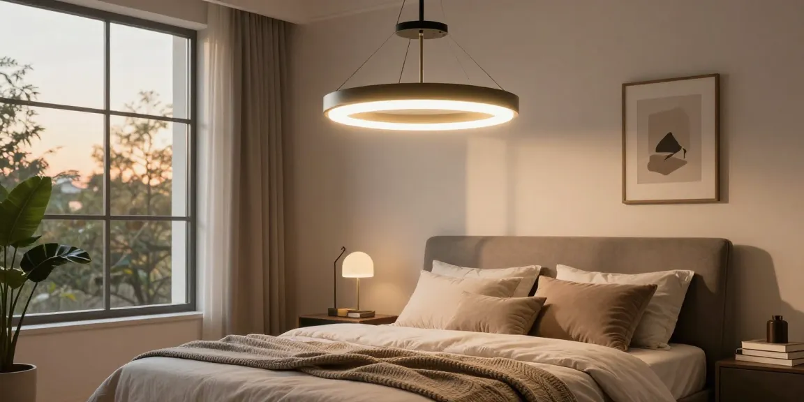 Lustra dormitor modernă iluminând un dormitor elegant, cu atmosferă caldă și primitoare.