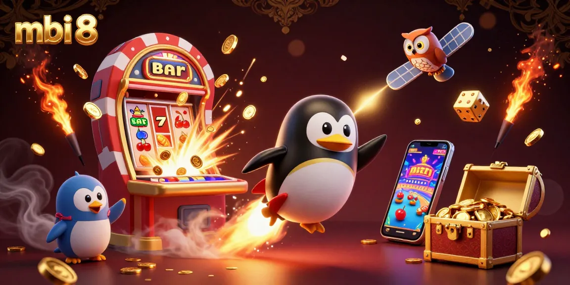 Experience the thrilling adventures of mbi 8 with a golden penguin soaring through space, jackpot treasures exploding all around.