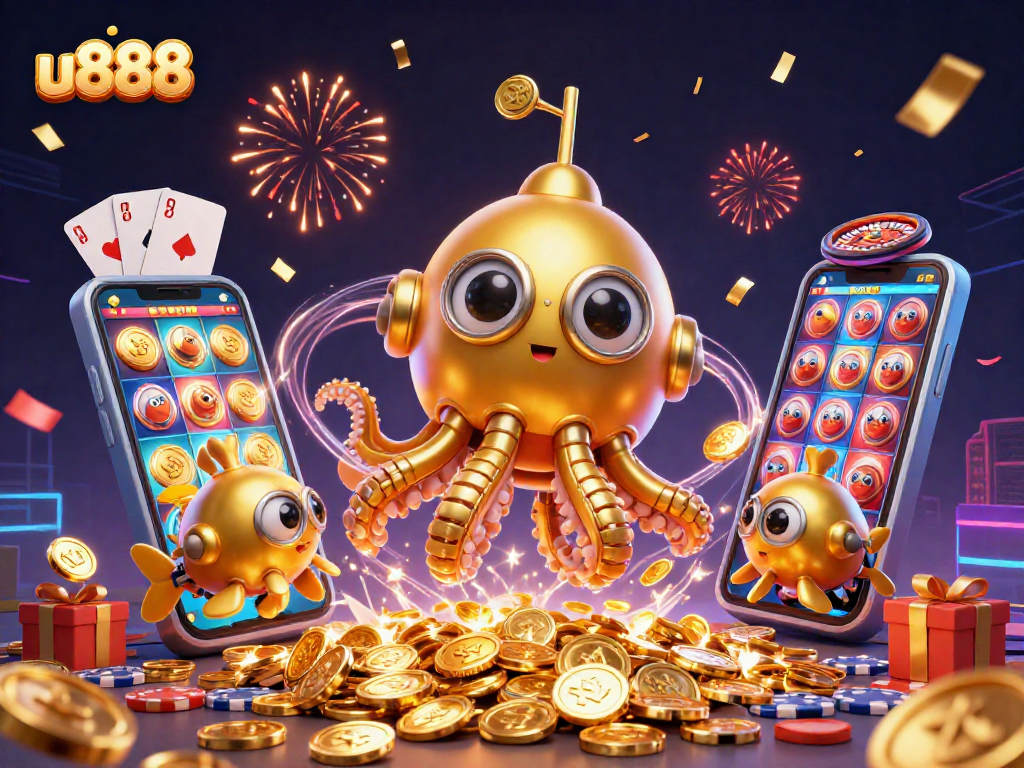 Engage in exciting gambling activities at u888 with a vibrant 3D illustration featuring a golden kraken and casino elements.