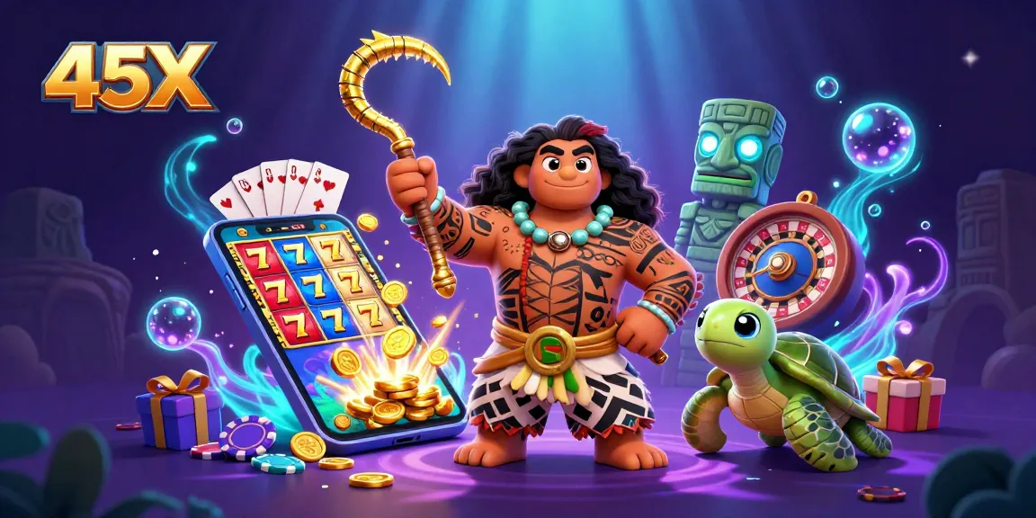 Engage with the 45X gaming experience featuring a vibrant Polynesian-themed scene with dynamic slot games.