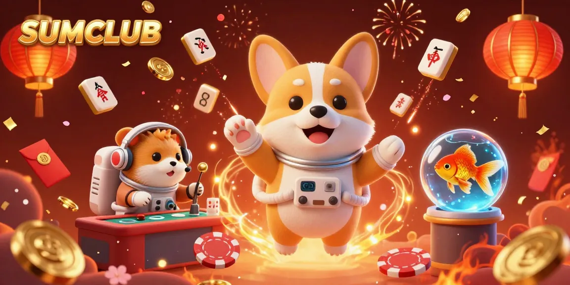 Experience the excitement of SUMCLUB with a floating corgi in a vibrant casino scene.