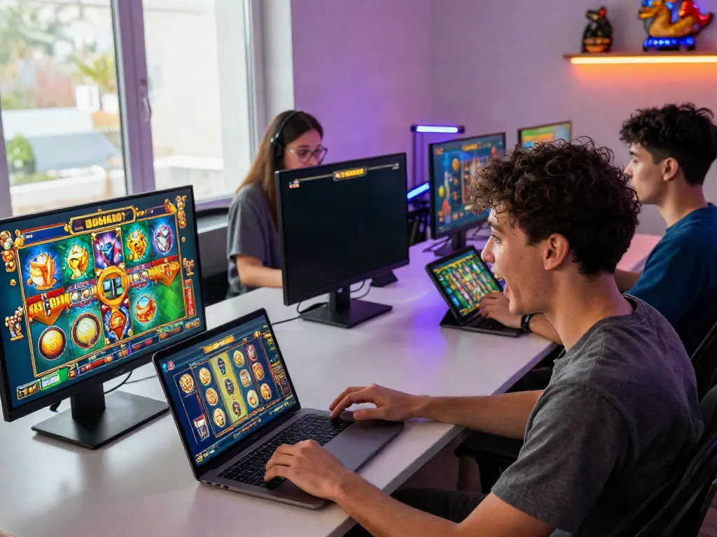 Players enjoying Slot MAHJONGJP88 on multiple devices in a vibrant gaming atmosphere.