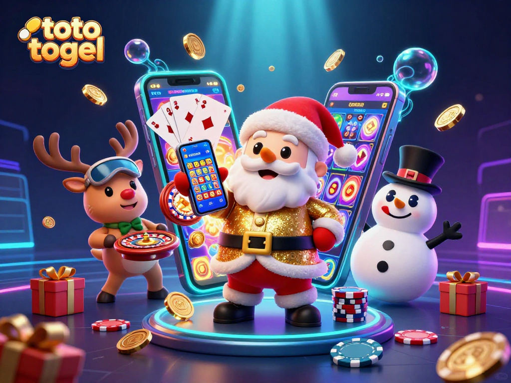 Immerse in thrilling toto togel action with Santa and friends celebrating jackpots and festivities.
