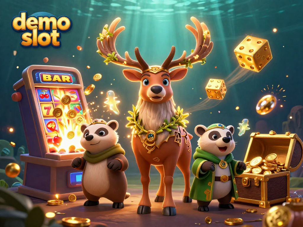 Permainan demo slot Gacor123 dengan ilustrasi slot yang menarik dan simbol keberuntungan.