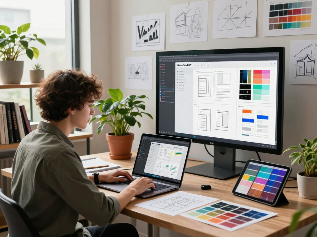 Designer focused on app development in a bright workspace, showcasing mantra88's innovations.