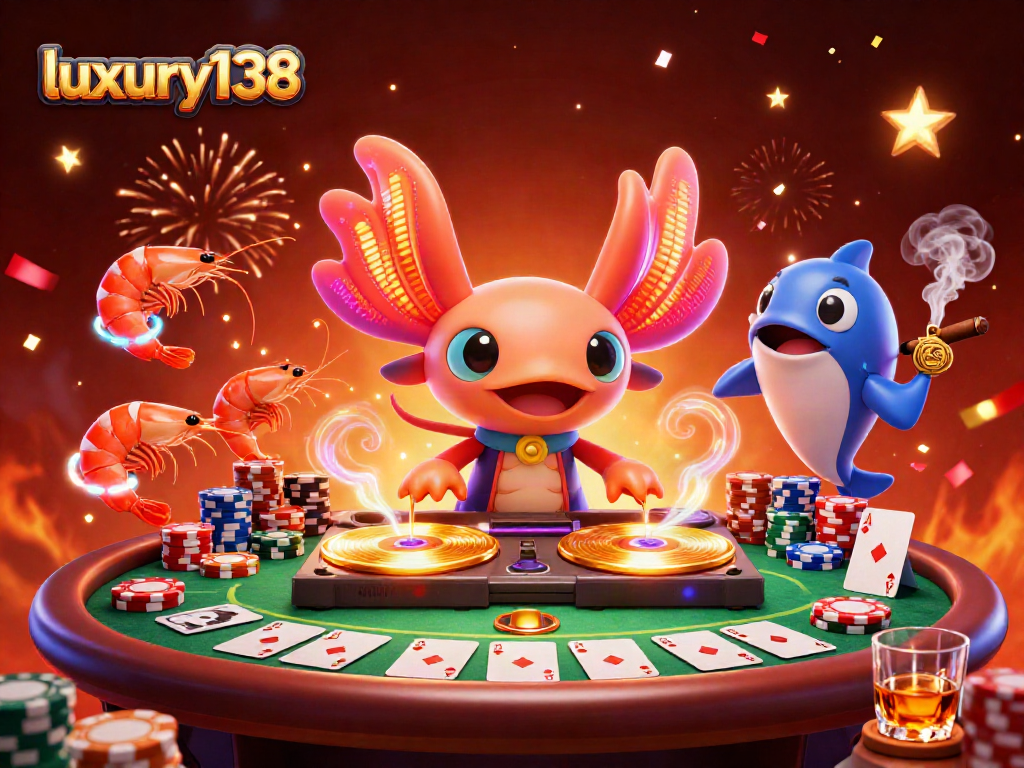 Permainan poker menarik di luxury138 dengan DJ axolotl dan udang menari.