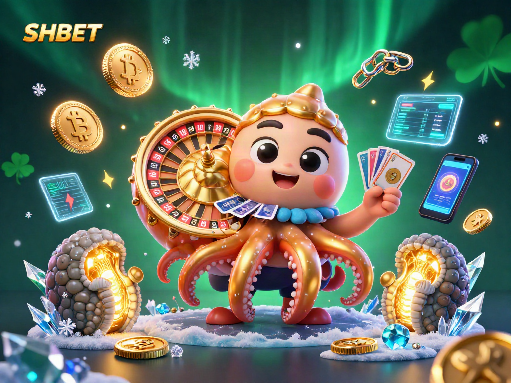 Engage with exciting SHBET gaming as a giant nautilus holds cards amidst vibrant crypto elements.