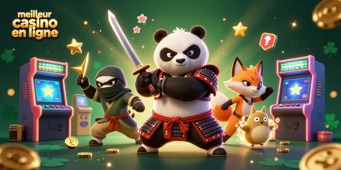 Admirez le meilleur casino en ligne avec un samouraï panda et un renard ninja dans un décor captivant.