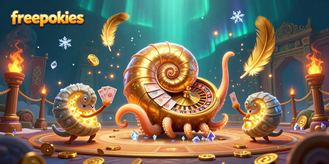 Explore freepokies with a mythical nautilus spinning a roulette wheel in a vibrant casino atmosphere.