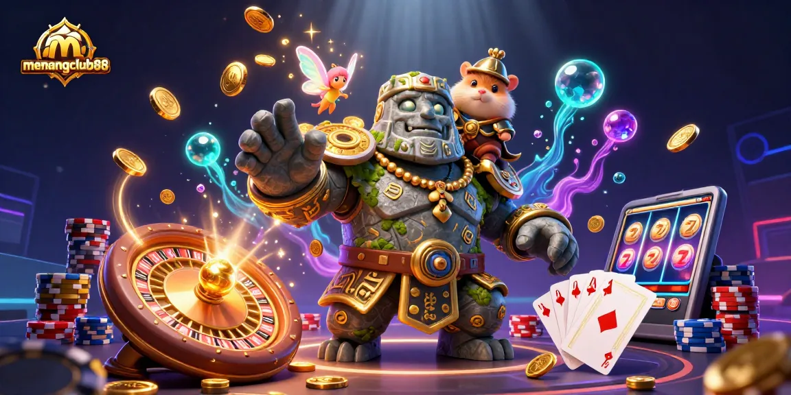 Win big at menangclub88 with a magical gaming scene filled with golems, fairies, and glittering coins!