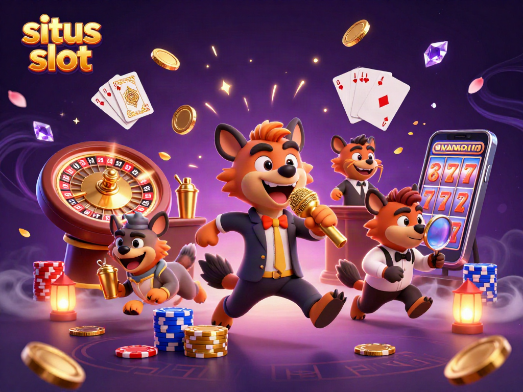 Experience the excitement of situs slot with vibrant 3D hyenas in a lively casino scene.